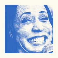 a blue drawing of a smiling woman holding a microphone